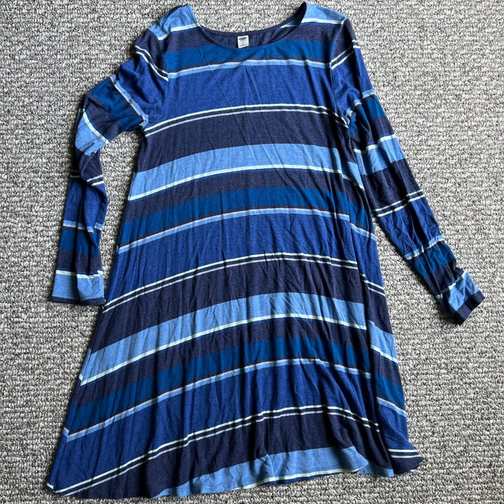 Old Navy Large Long Sleeves Blue Striped Swing Dress